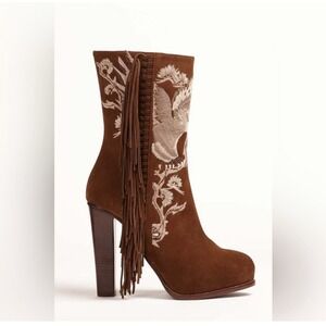 Purple Label Ralph Lauren Brown Suede Bird Embroidery Fringe Platform Boot NEW37